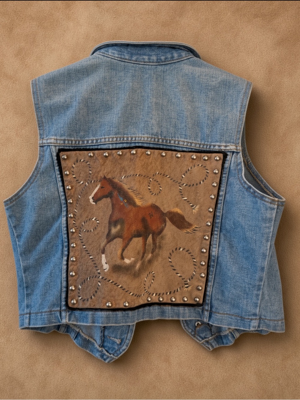 Patricia Wolf denim suede vest hand painted horse studded accents antler buttons
